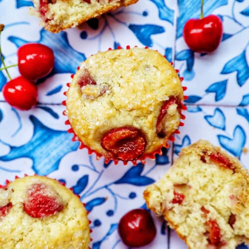 cherry muffins with fresh cherries.