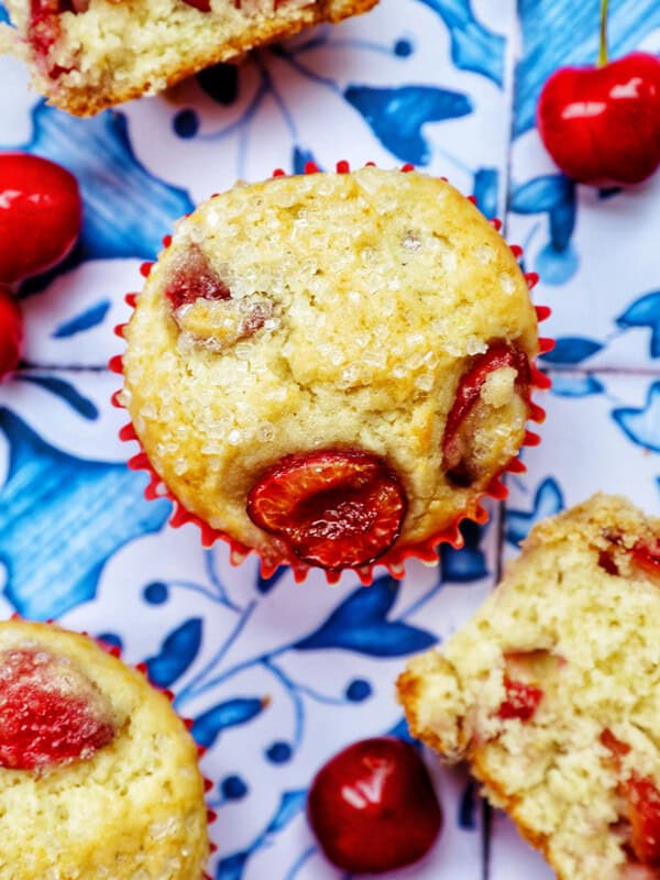 cherry muffins with fresh cherries.