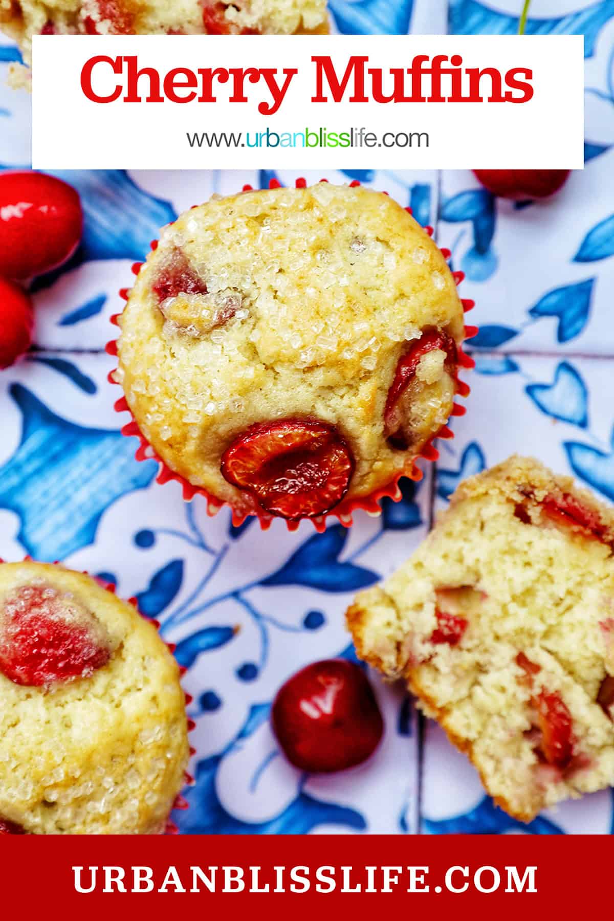 cherry muffins with fresh cherries and title text overlay.