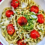 cherry tomato and pesto pasta in a bowl.