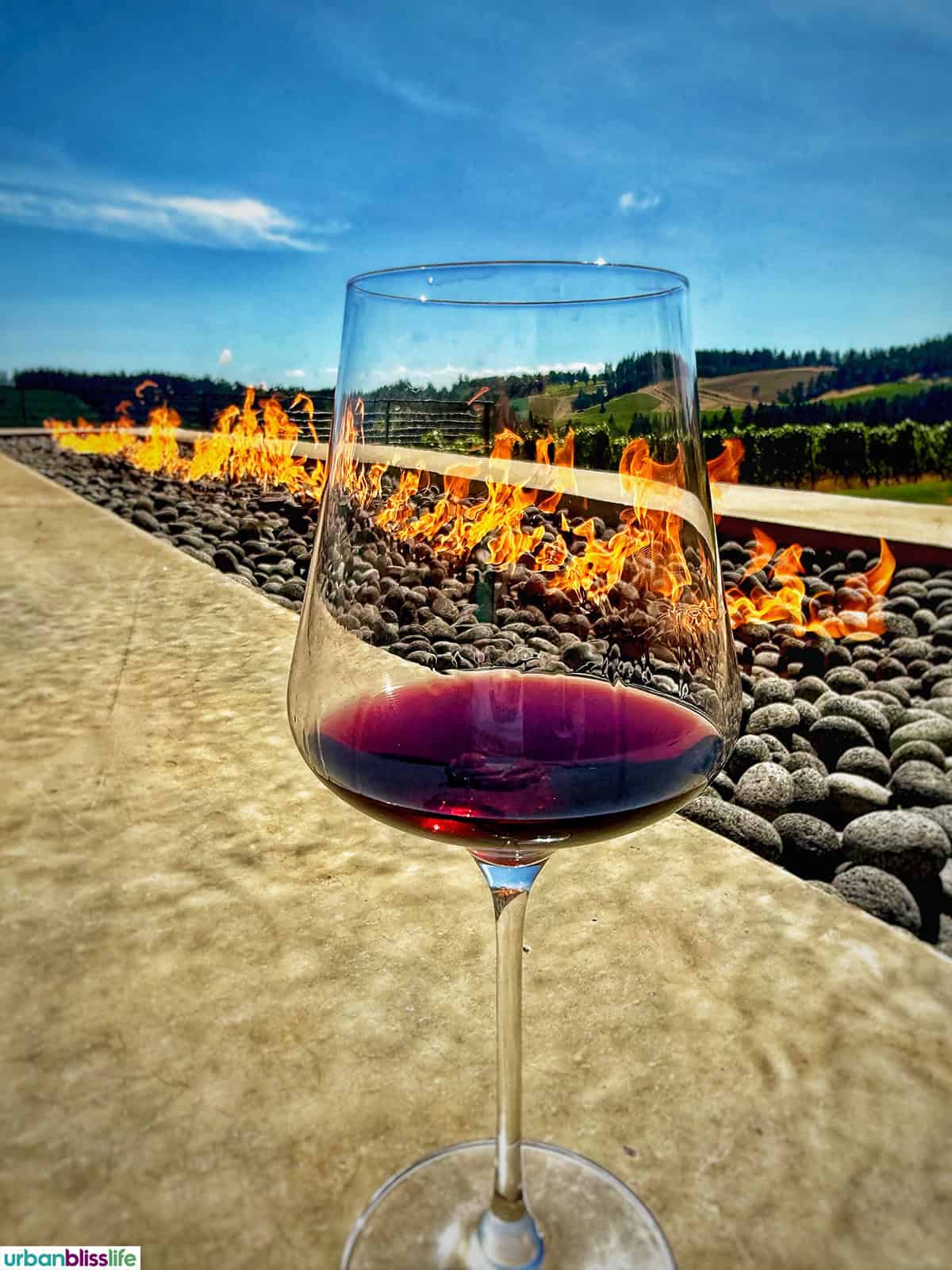 glass of red wine with fire pit