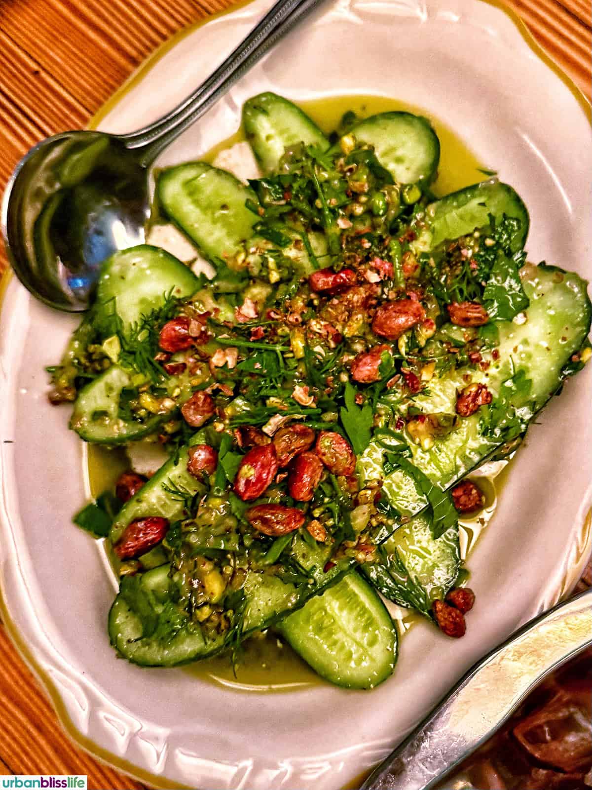cucumber salad on a platter.
