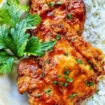 Slow Cooker Barbecue Chicken Thighs with white rice.