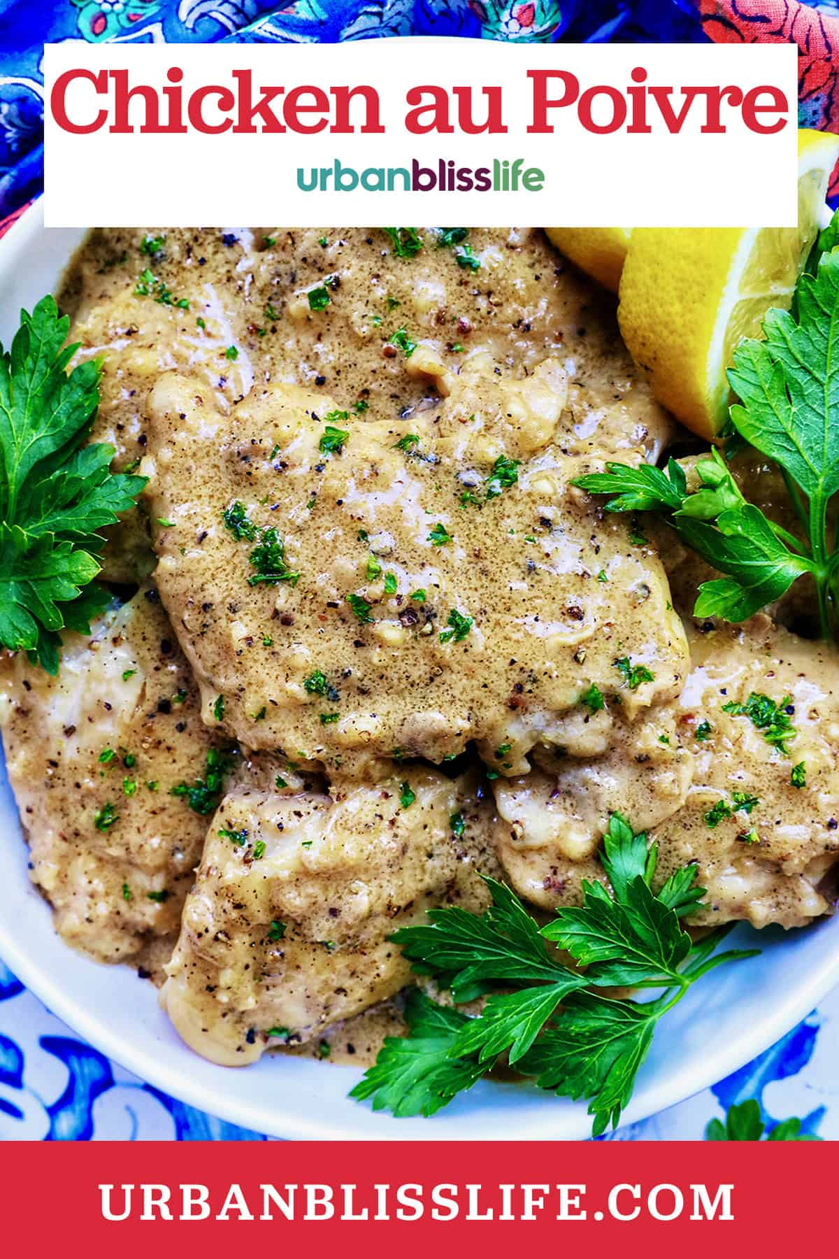 chicken au poivre with herb garnish.