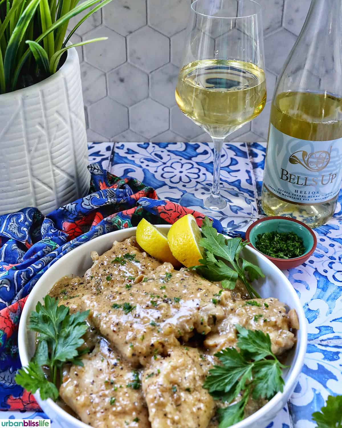 Chicken au Poivre with glass and bottle of white wine.