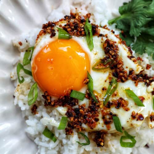 chili crisp egg on a plate.