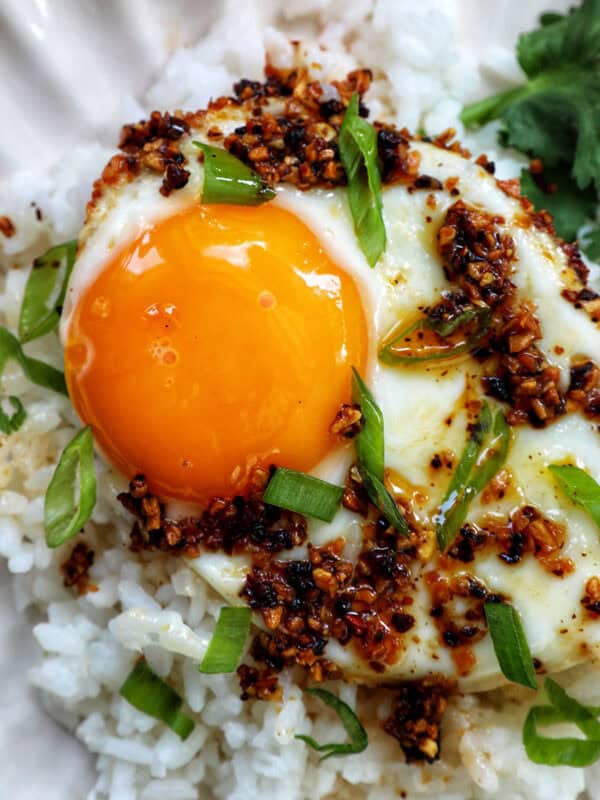 chili crisp egg on a plate.