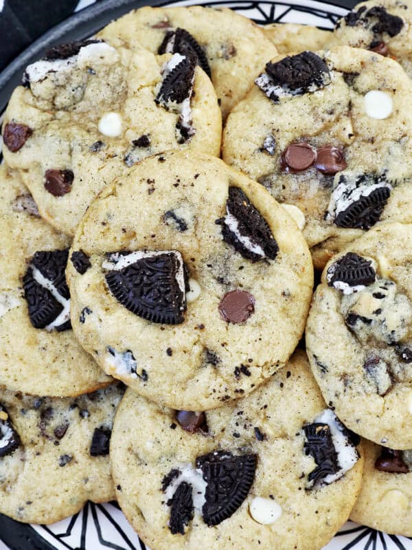 plate of cookies and cream protein powder cookies.