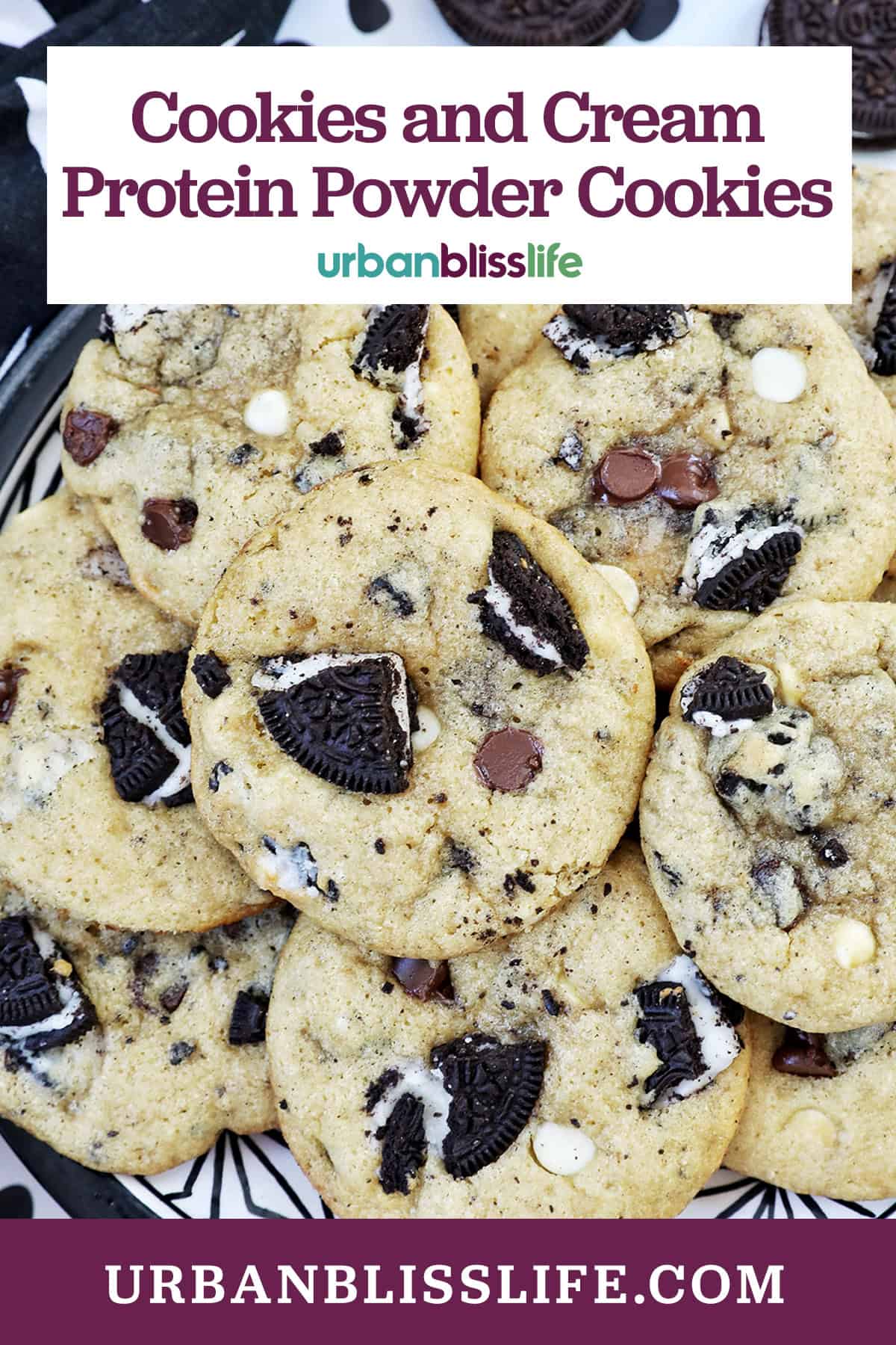 plate of cookies and cream protein powder cookies.