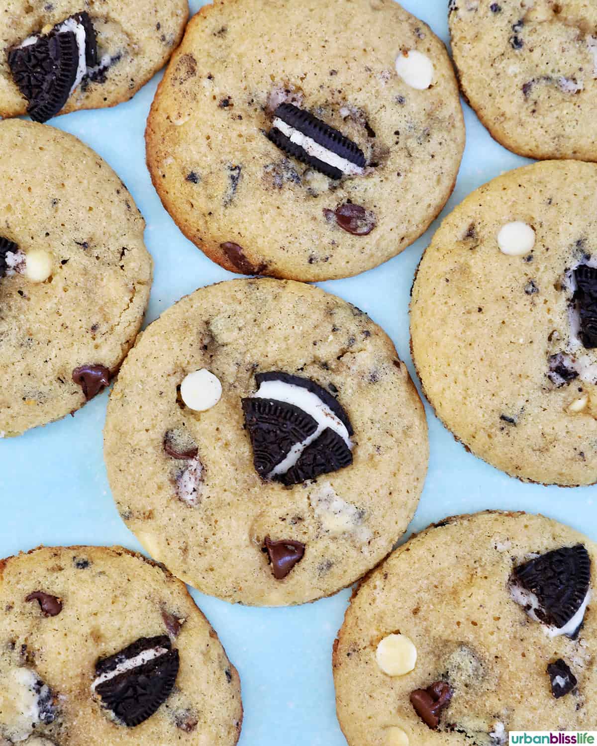 baked cookies and cream protein powder cookies on a baking sheet.