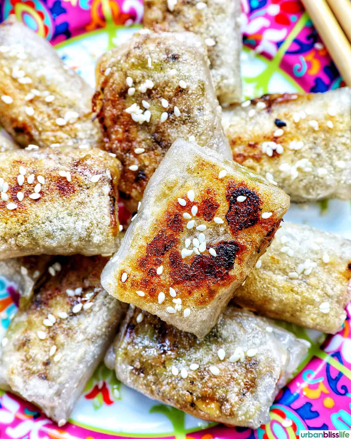 crispy rice paper dumplings on a plate with herbs.