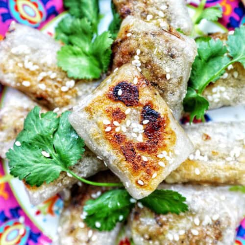 crispy rice paper dumplings on a plate with herbs.