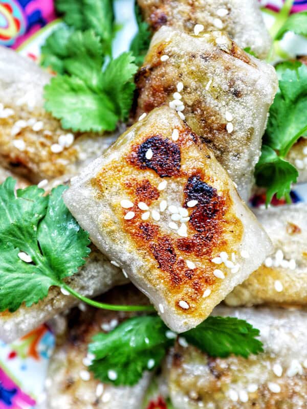 crispy rice paper dumplings on a plate with herbs.