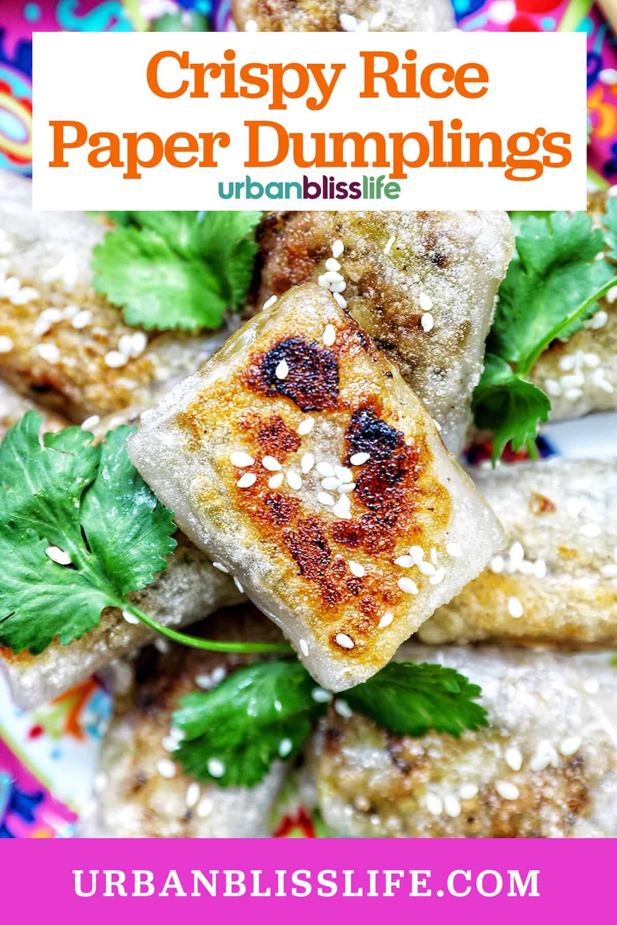 crispy rice paper dumplings on a plate with herbs and title text overlay.