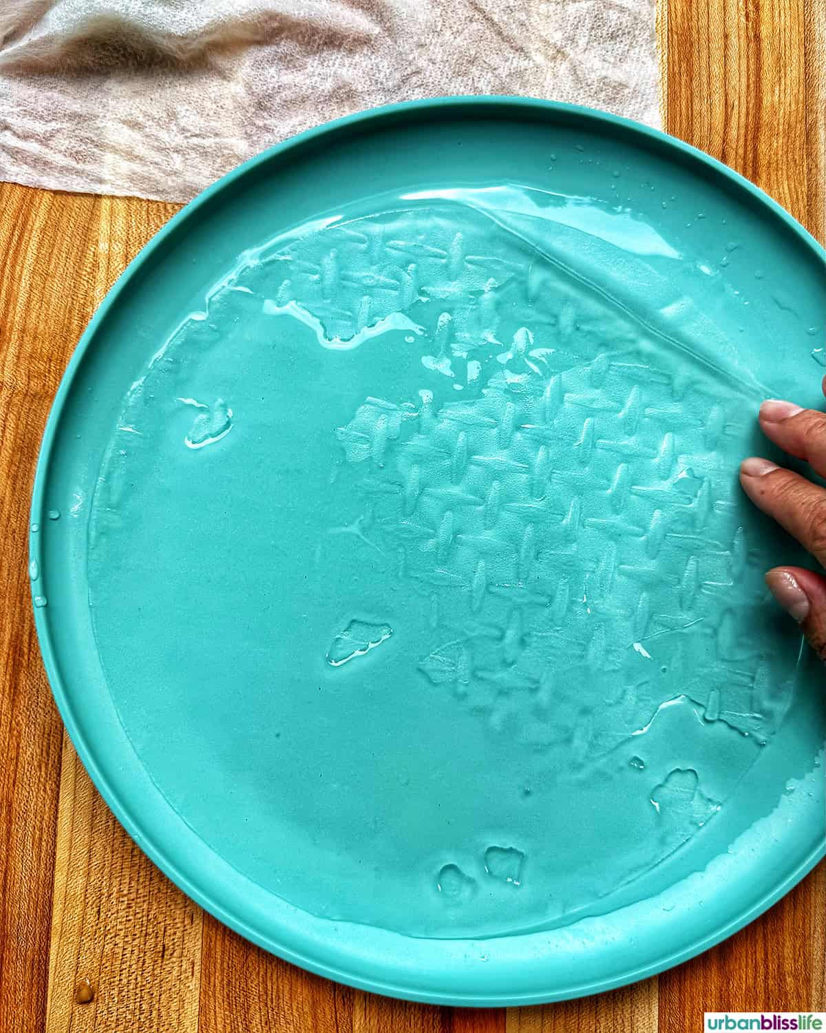 hand dipping rice paper wrapper into plate of water.