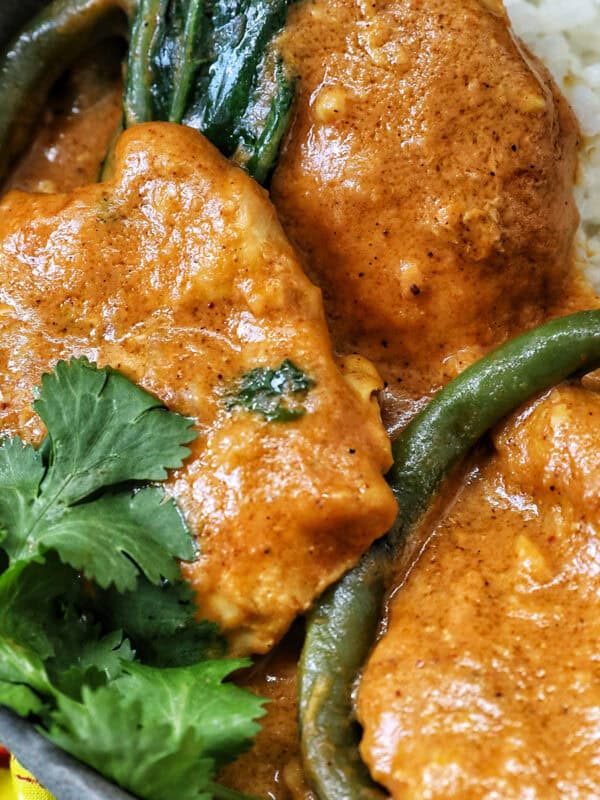 bowl of Filipino chicken kare kare.