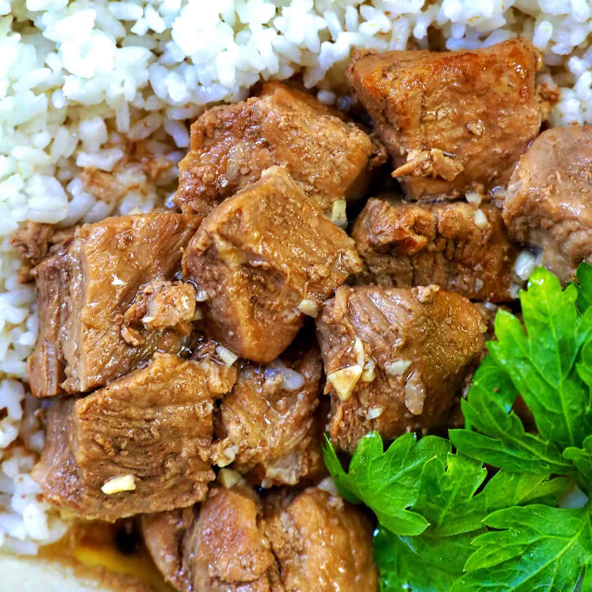 Filipino pork adobo with rice.