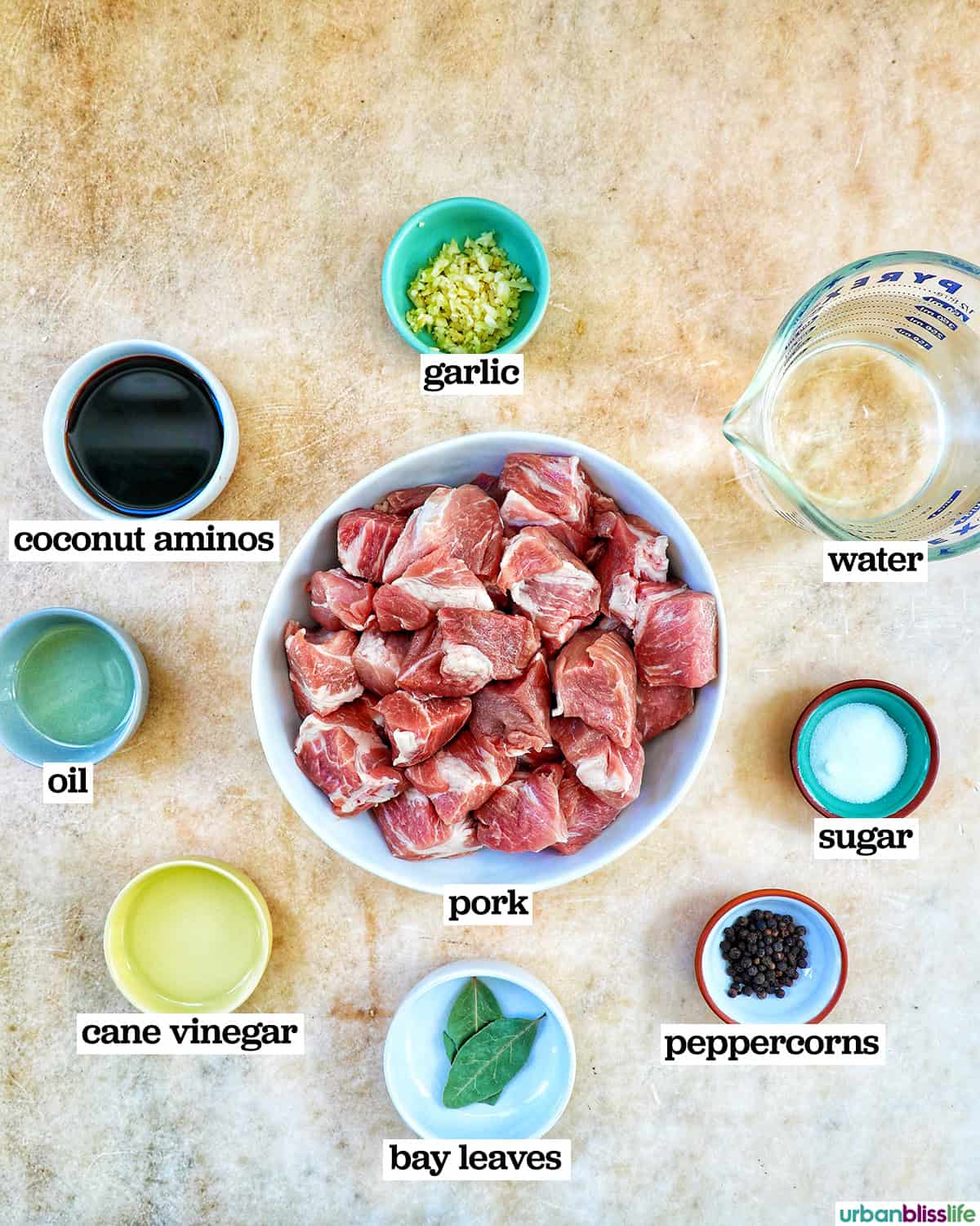 bowls of individual ingredients to make Filipino pork adobo.
