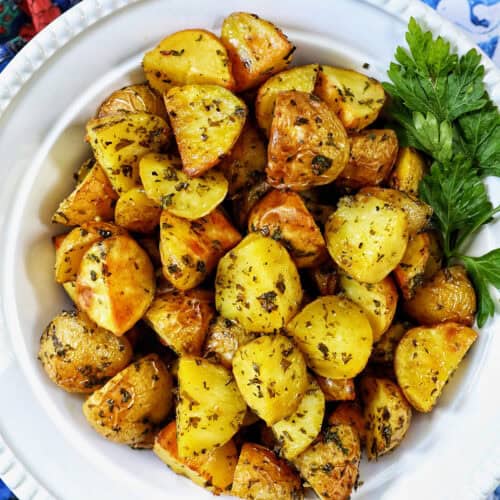 bowl of herby potatoes.