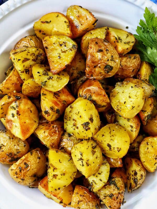 bowl of herby potatoes.