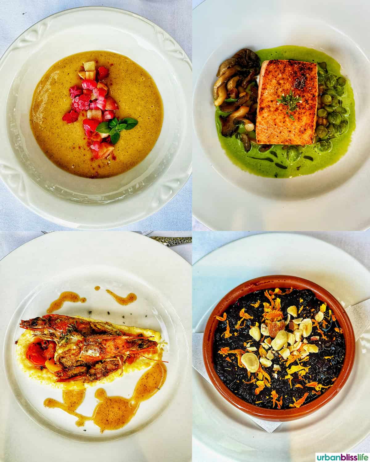 collage of seafood, soup, prawns, dessert at Method Oregon kickoff dinner.
