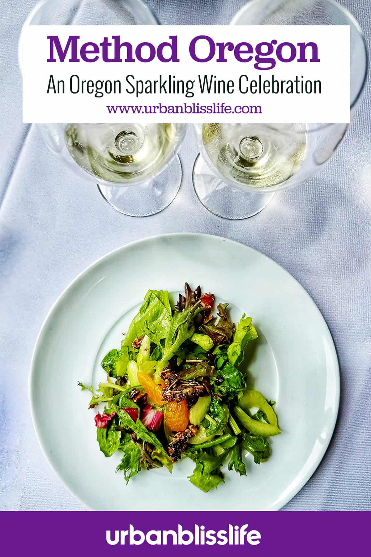 two glasses of sparkling wine and a salad with title text overlay.