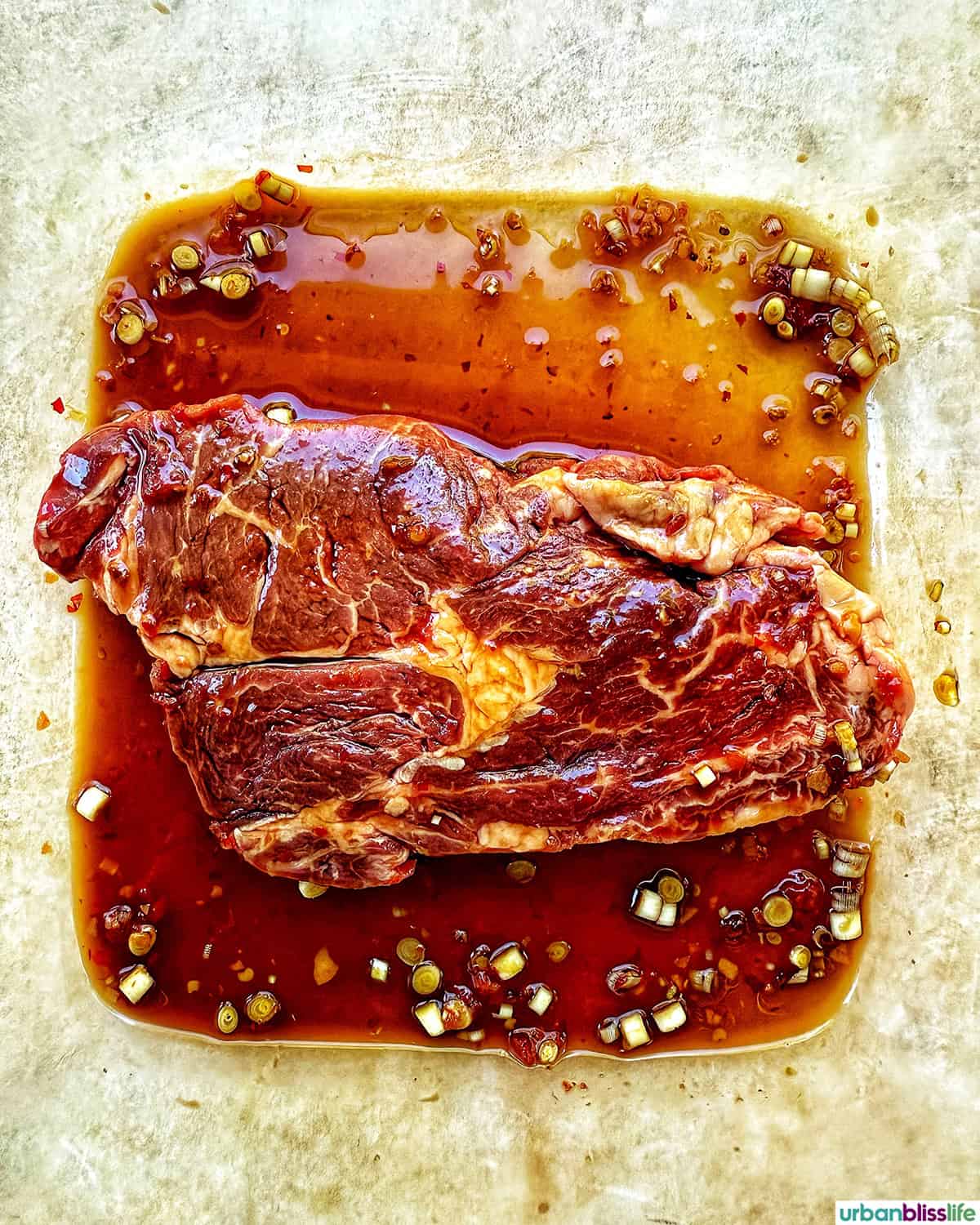 steak marinating in Asian marinade.