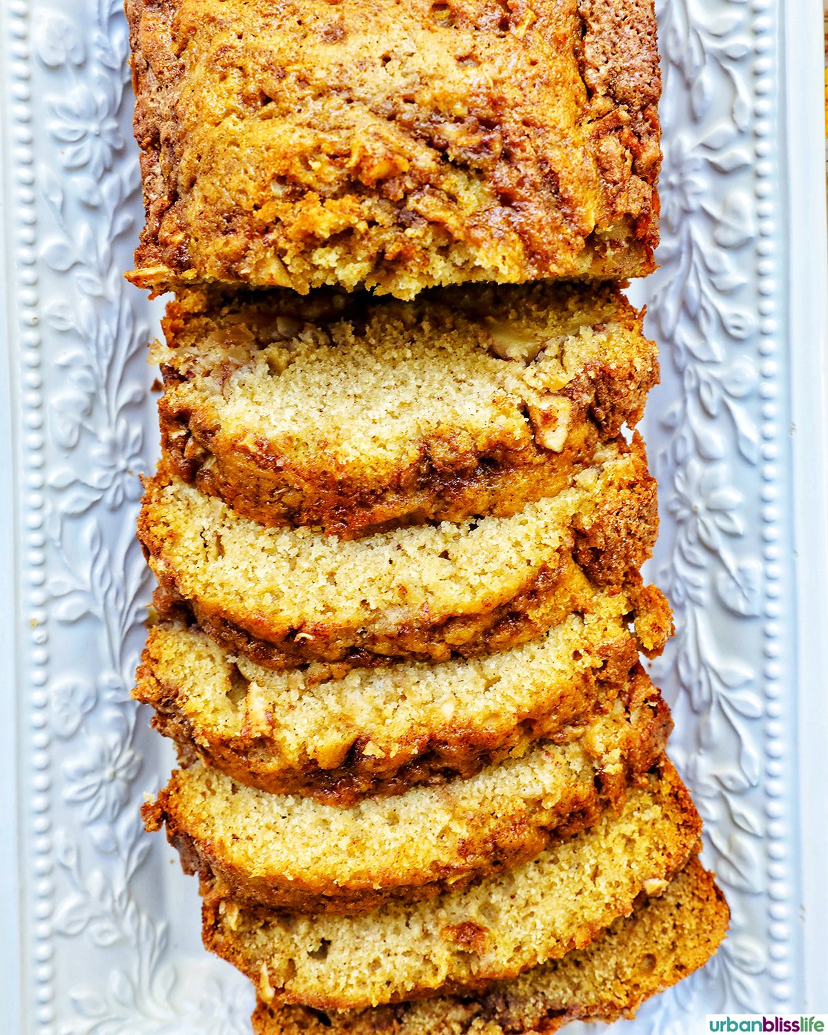 sliced apple cinnamon loaf cake.