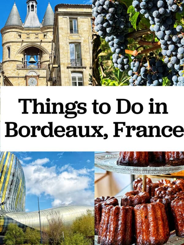 images of cite du vin, grosse cloche, St Emilion vineyard grapes, canneles with title text "Things to Do in Bordeaux, France."