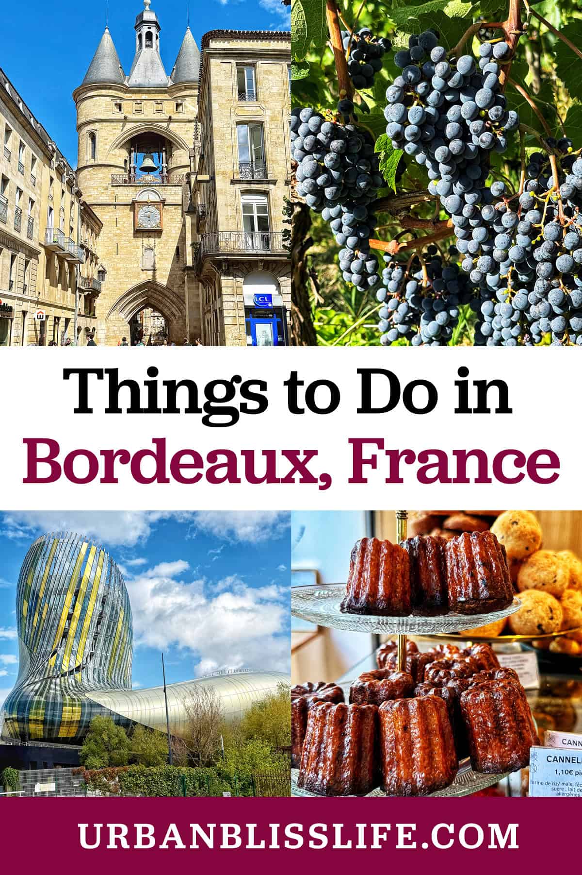 images of cite du vin, grosse cloche, St Emilion vineyard grapes, canneles with title text "Things to Do in Bordeaux, France."