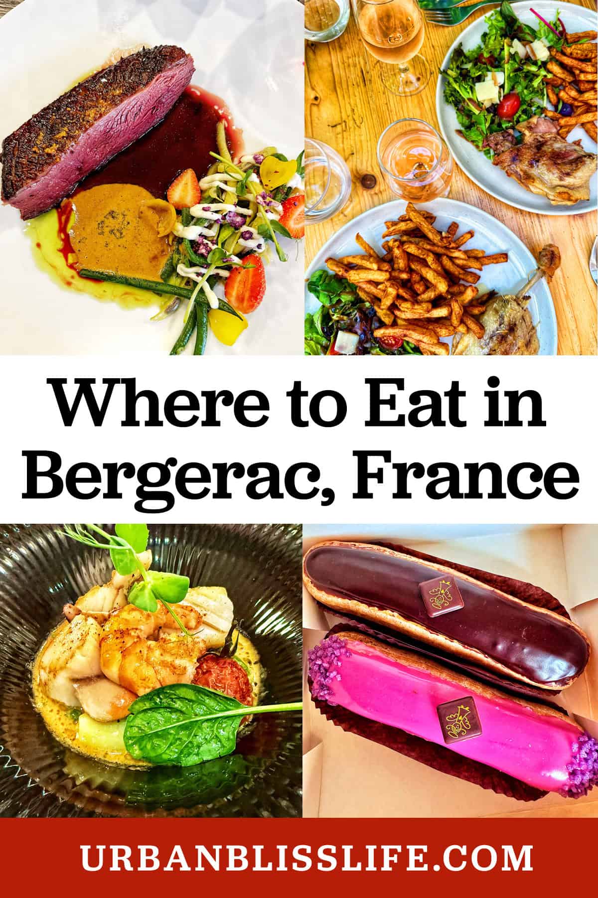 various food from bergerac restaurants with text overlay