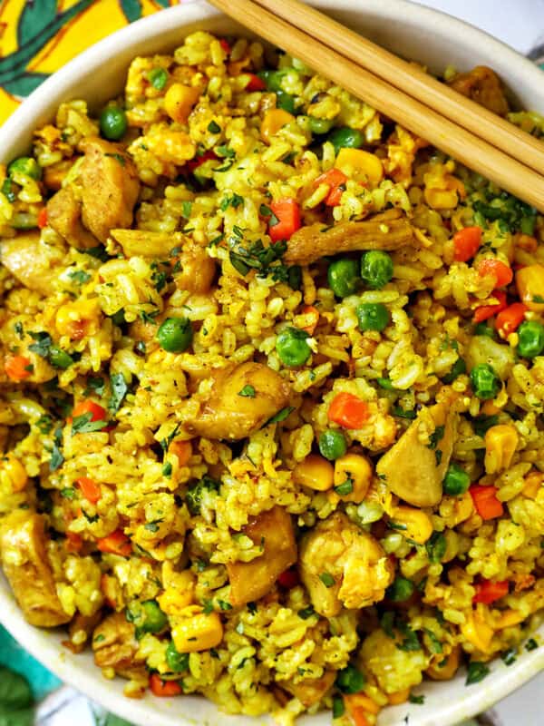 bowl of curry chicken fried rice