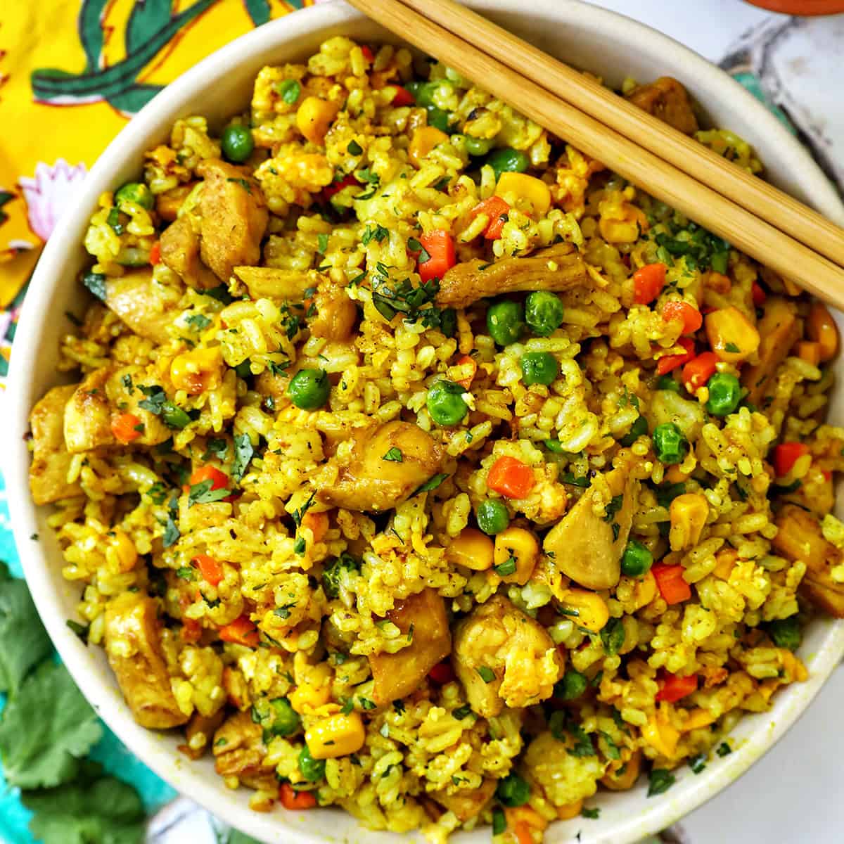 bowl of curry chicken fried rice