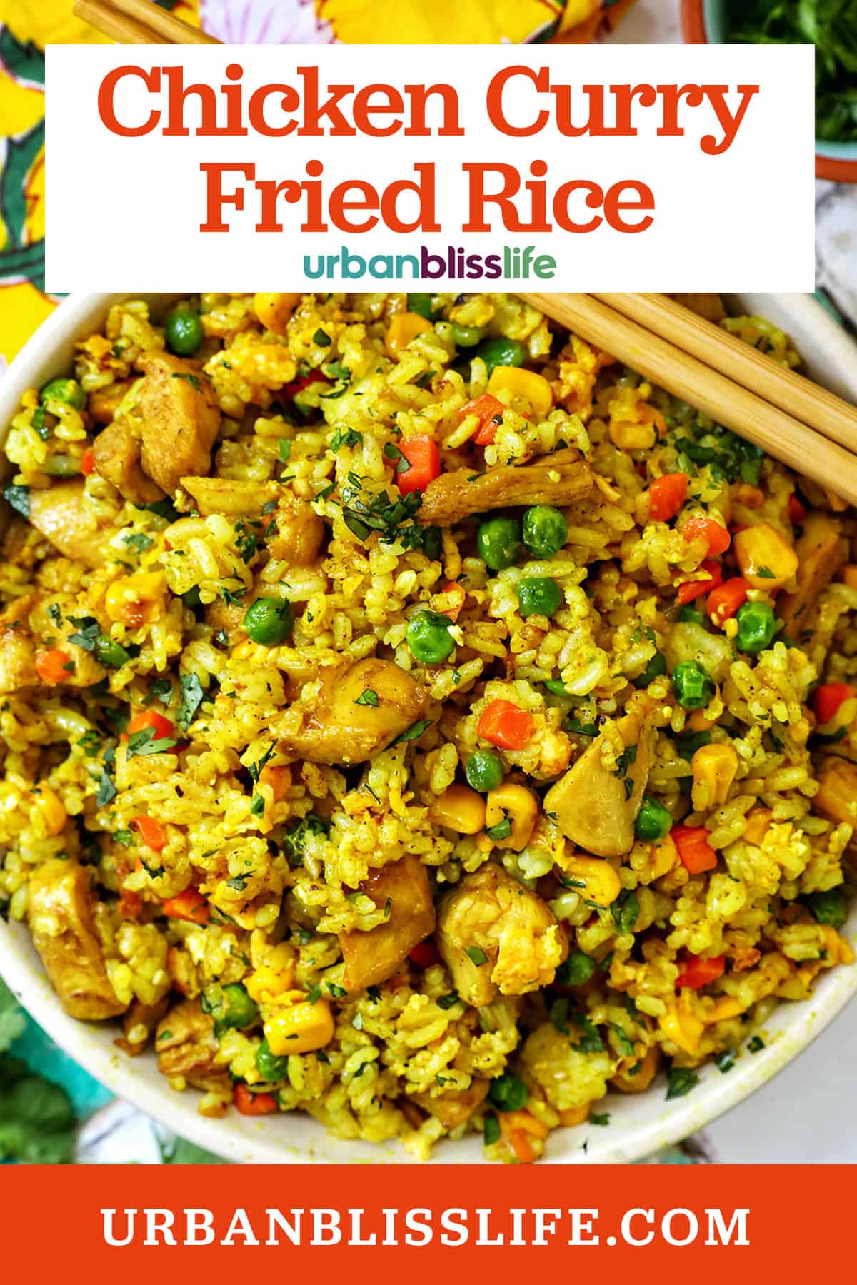bowl of curry chicken fried rice with title text overlay.