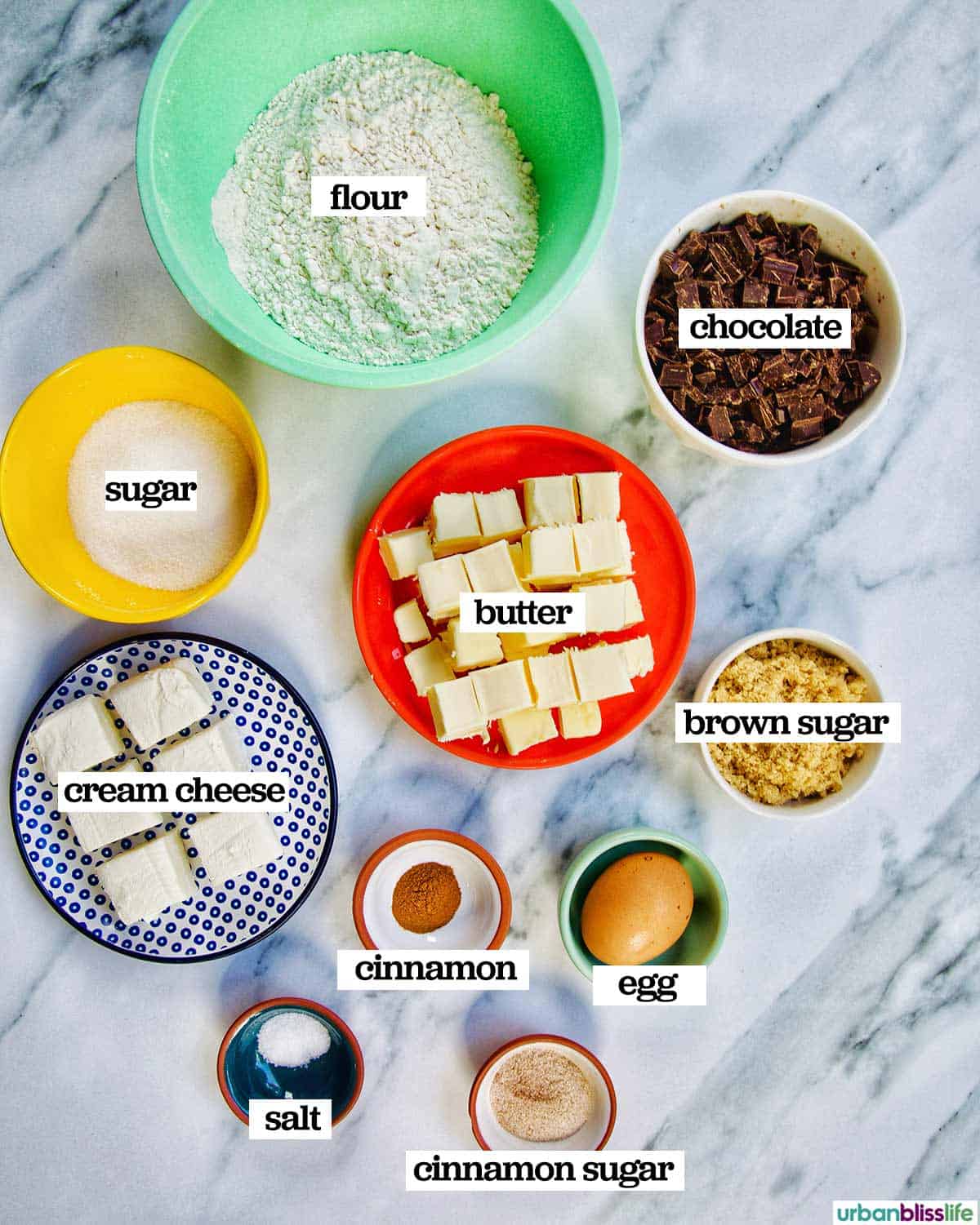 bowls of ingredients to make chocolate rugelach.