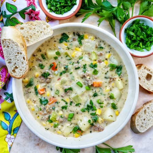 bowl of corn and sausage chowder.