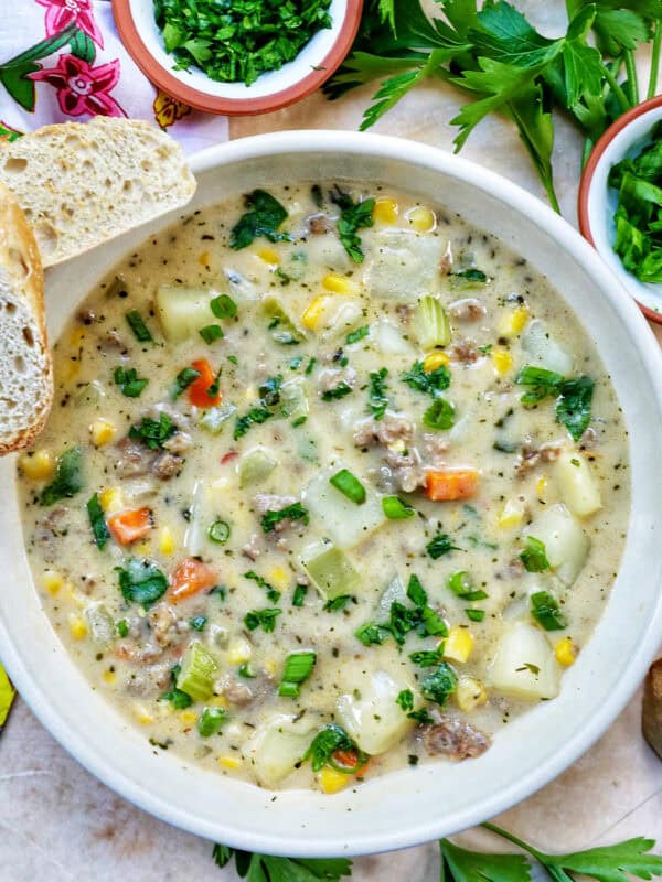 bowl of corn and sausage chowder.