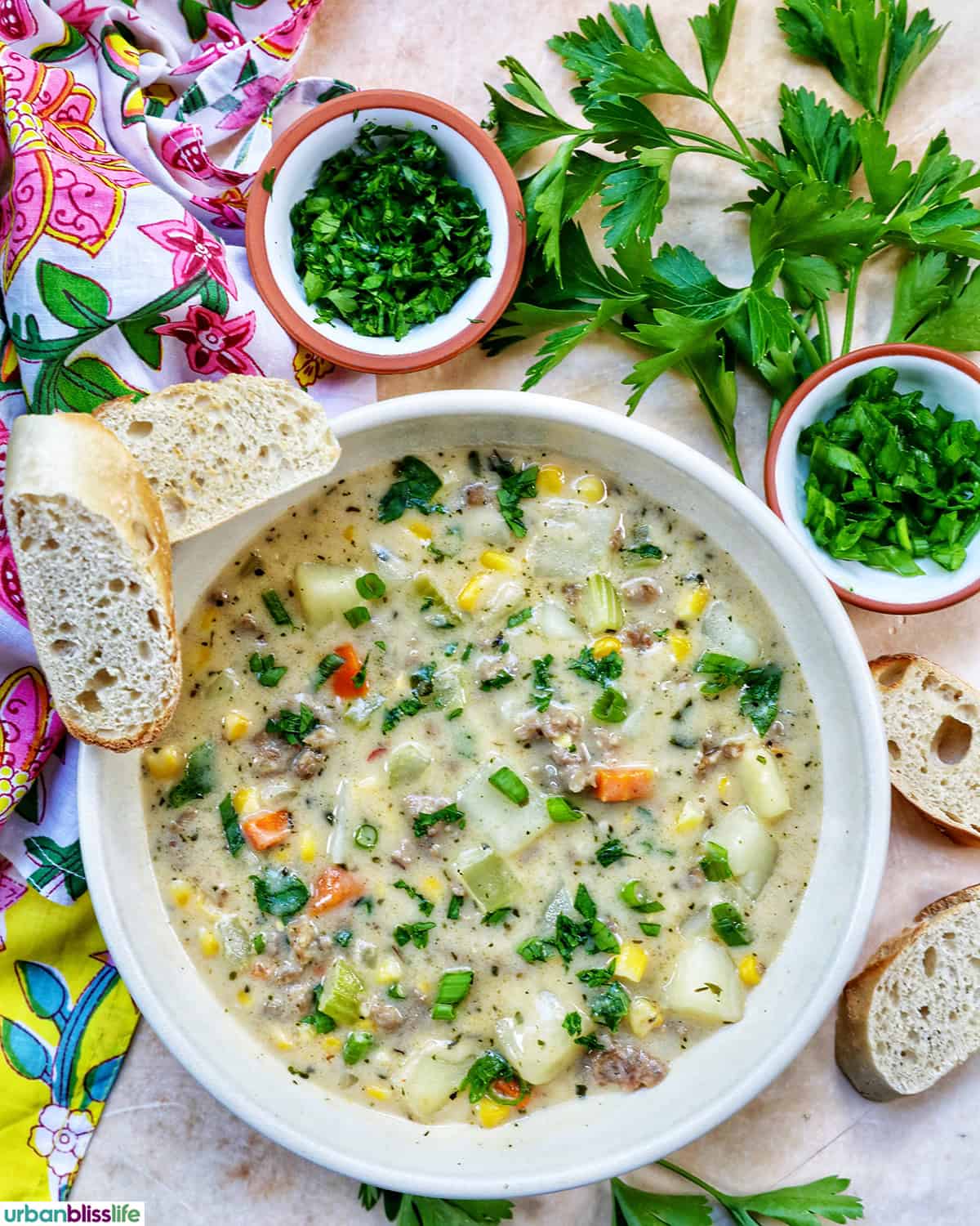 bowl of corn and sausage chowder.