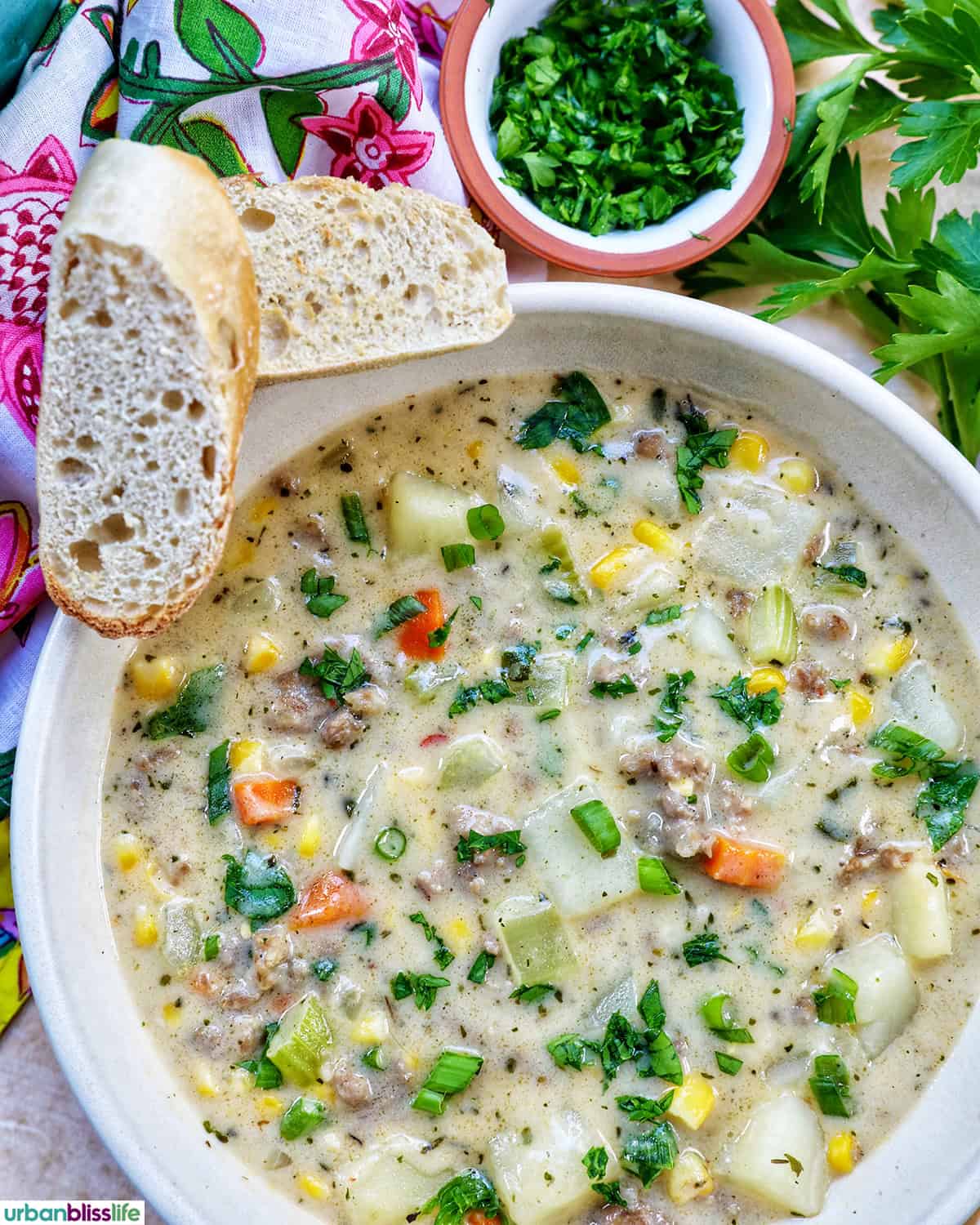 bowl of corn and sausage chowder.