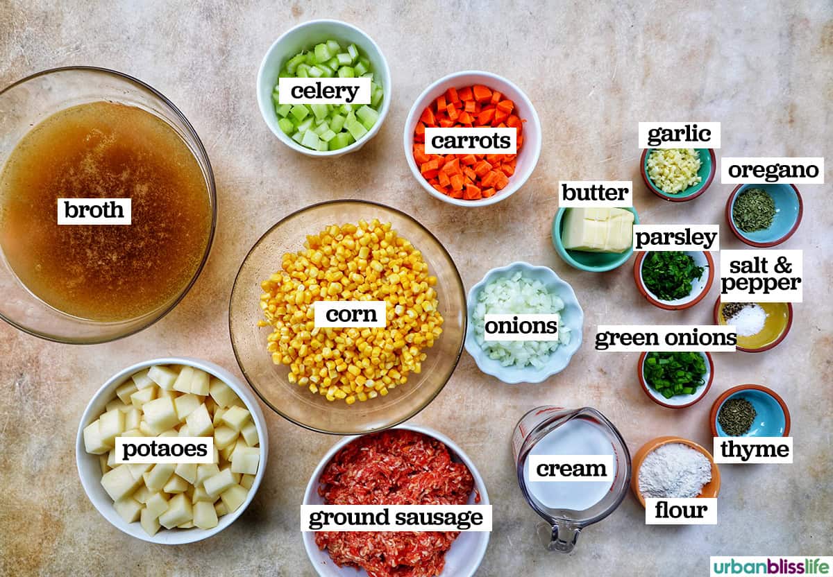bowls of ingredients to make corn and sausage chowder.