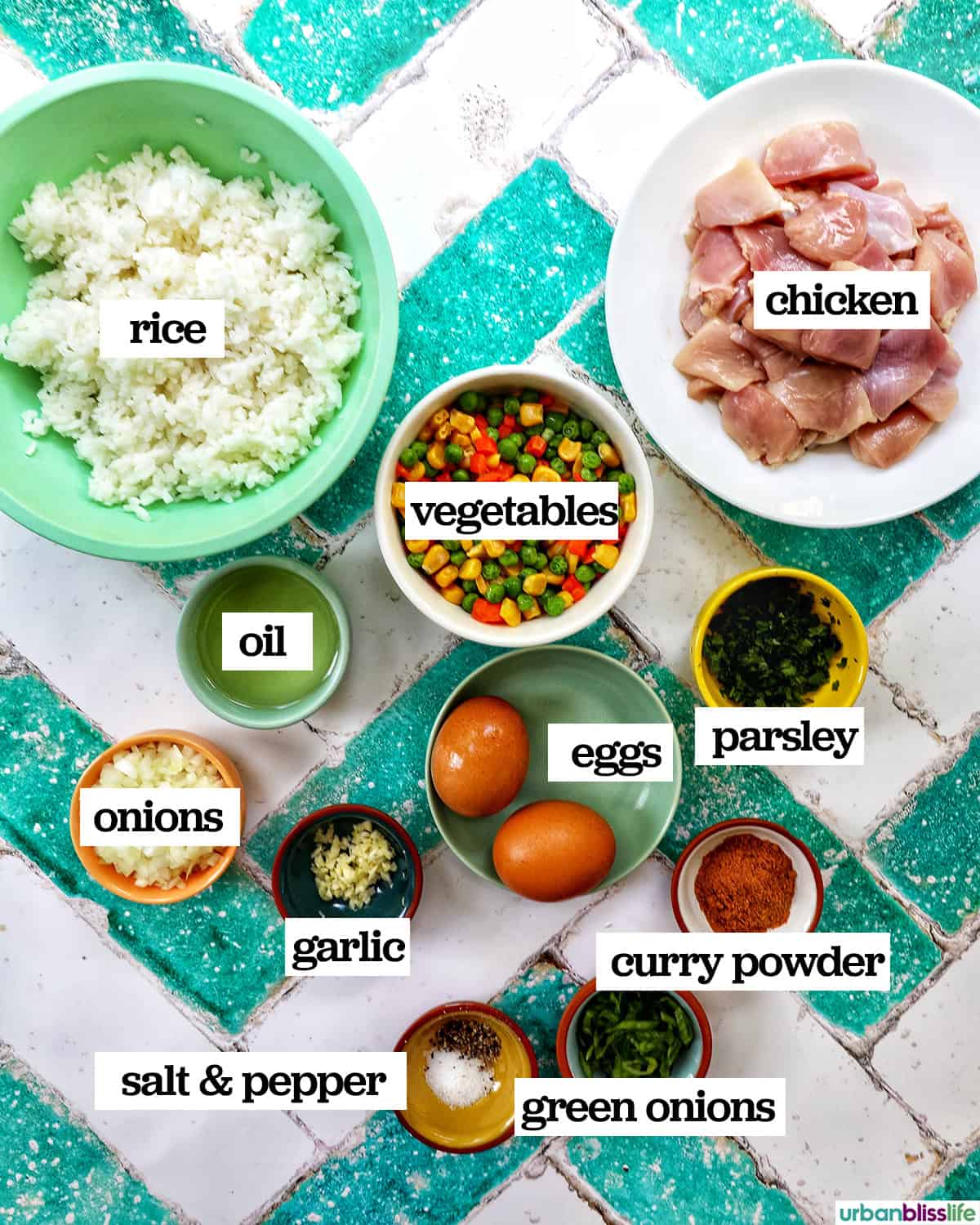bowls of ingredients to make Curry Chicken Fried Rice.