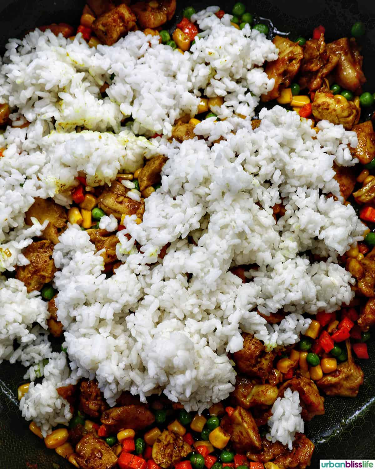 curry chicken fried rice in a pan.