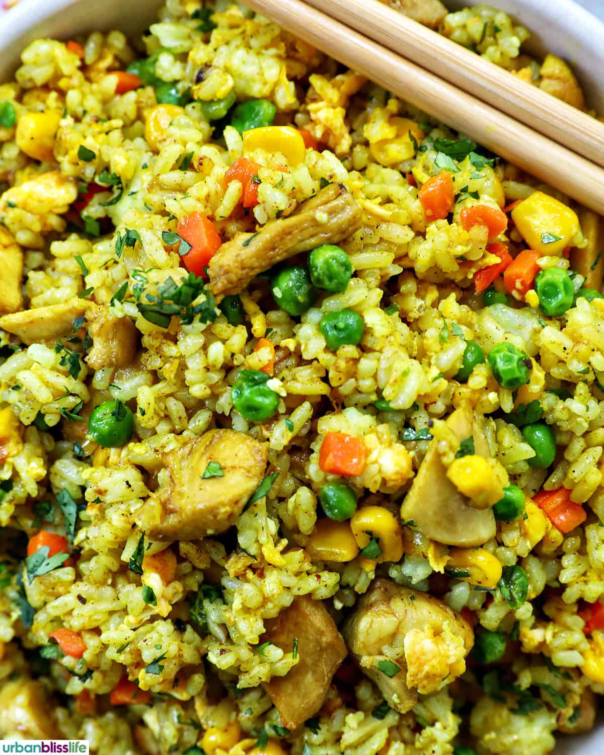 closeup of Curry Chicken Fried Rice.