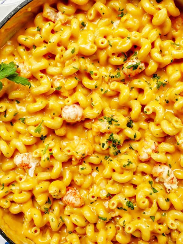 pan of lobster mac and cheese.