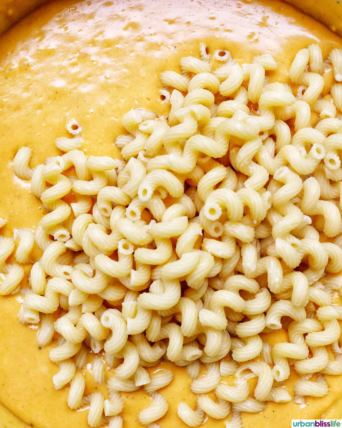 pasta added to cheese in a pan.