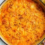 sweet potato gratin in a pan.