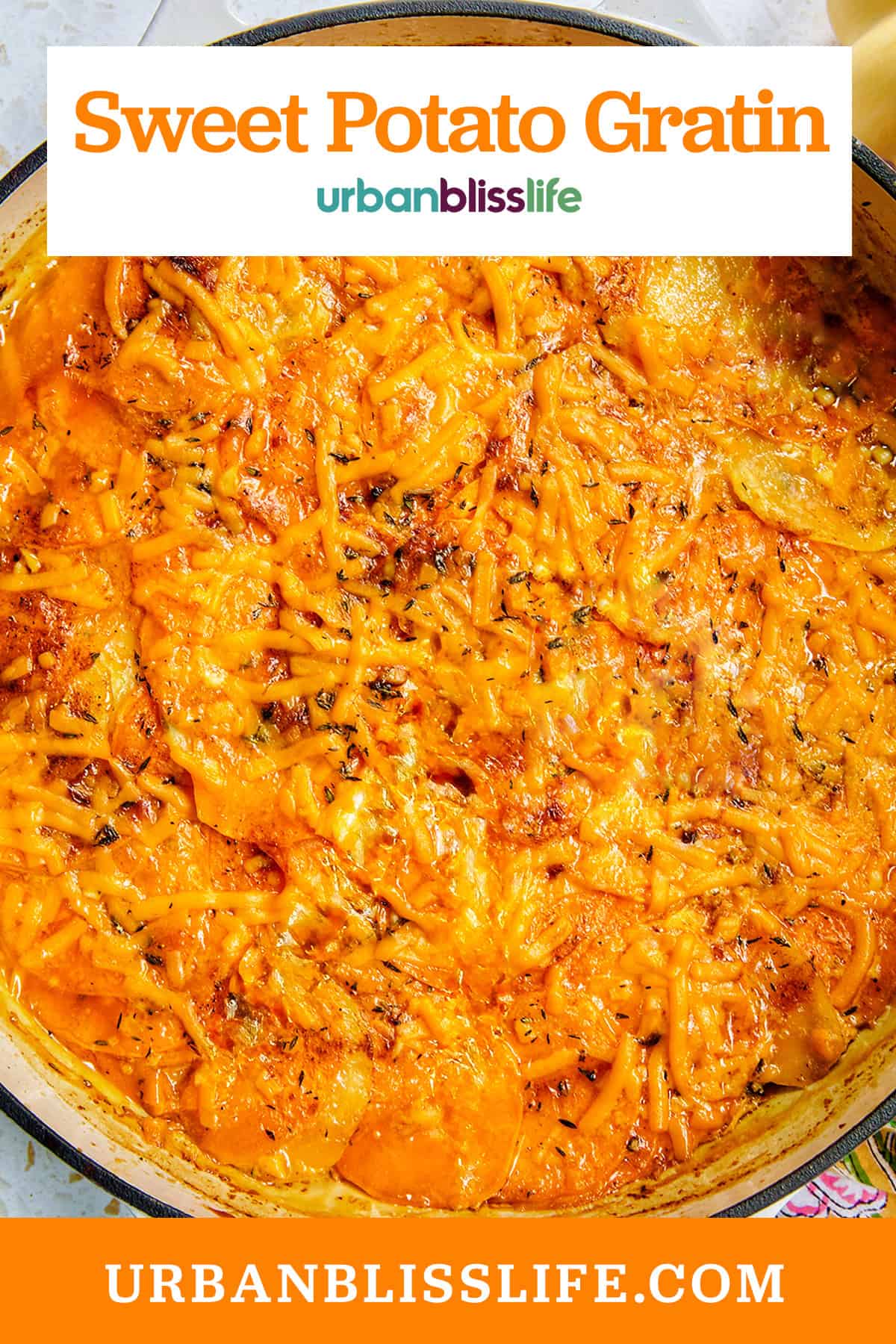 sweet potato gratin in a pan with title text overlay.