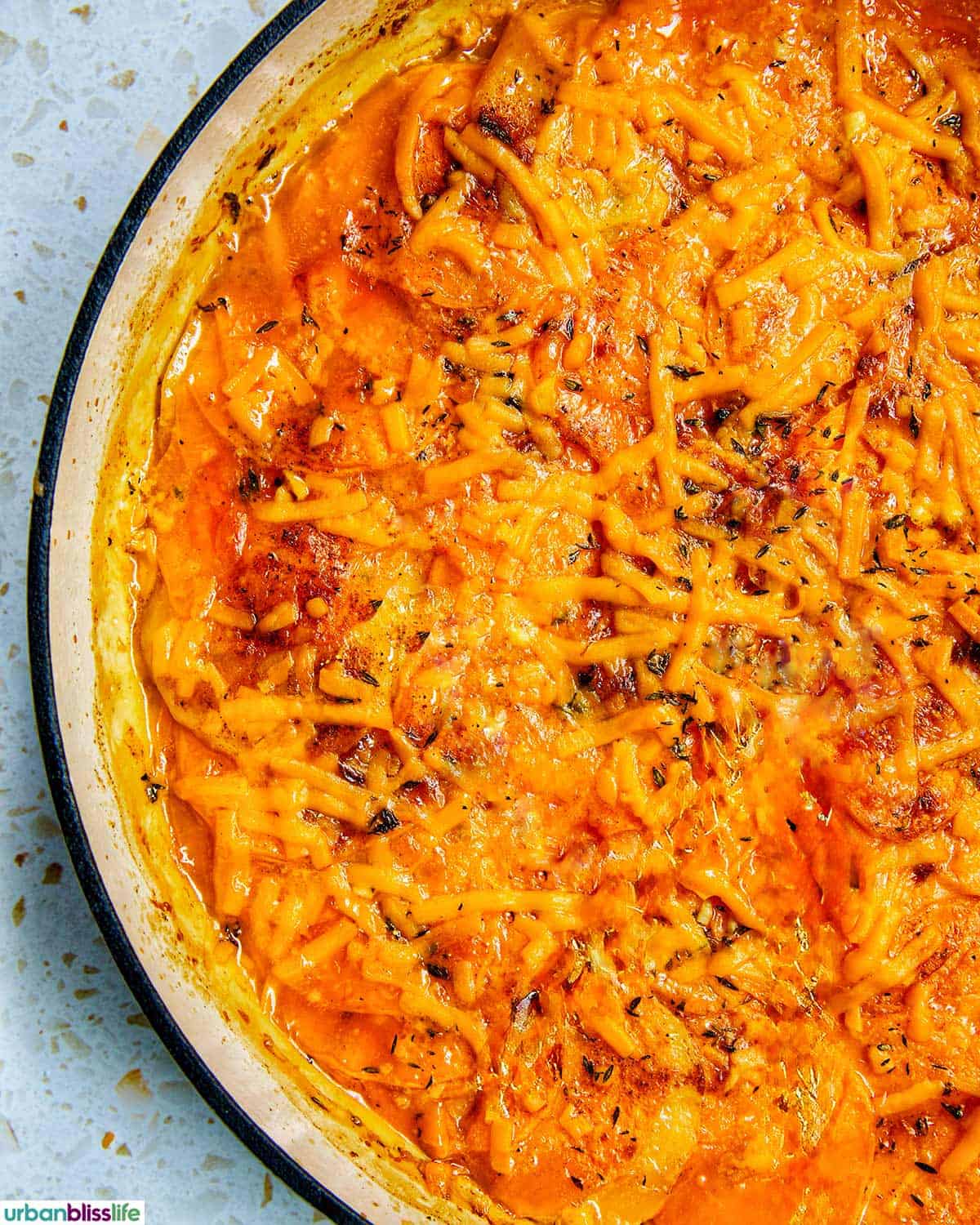 sweet potato gratin in a pan.