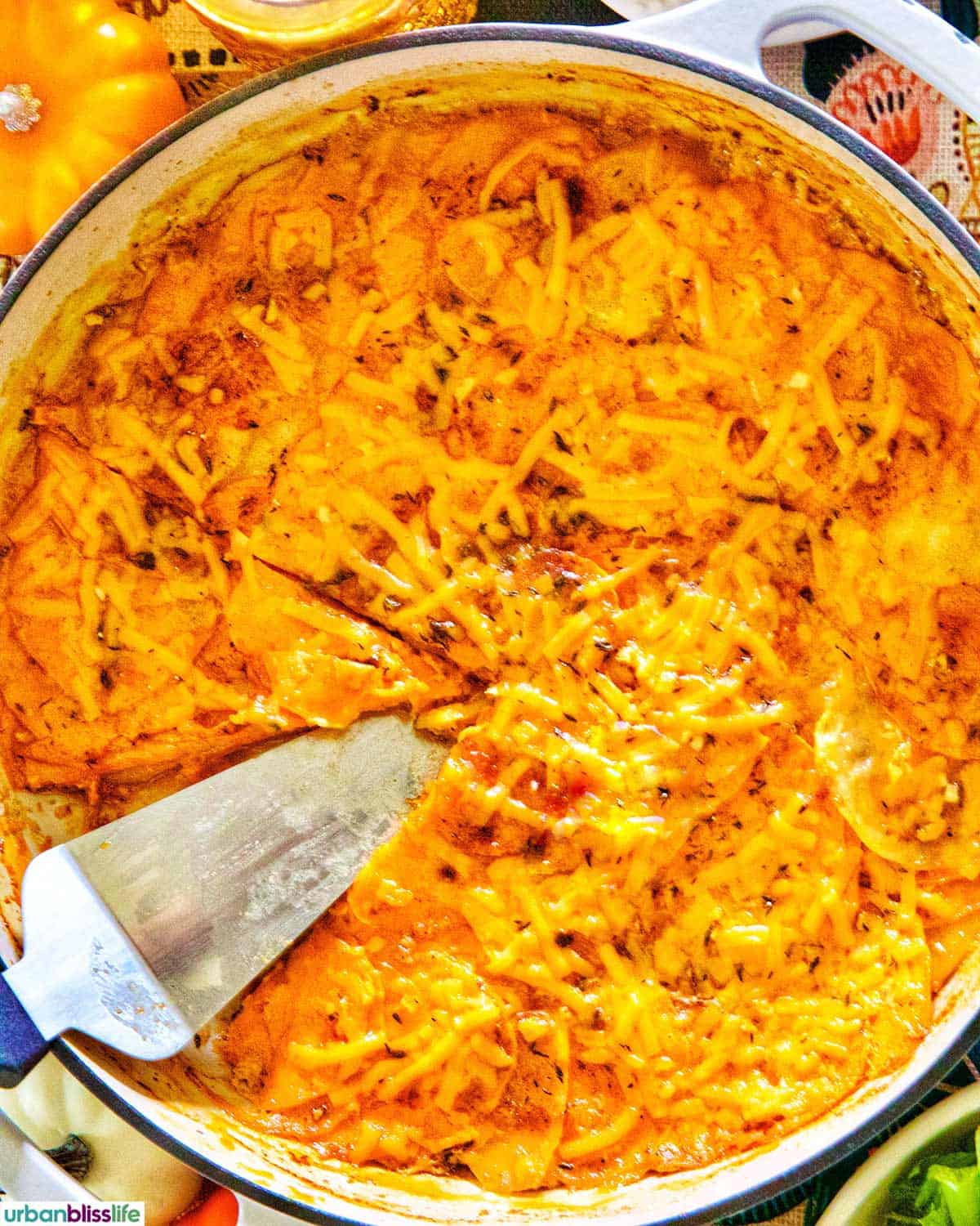 sweet potato gratin in a pan.