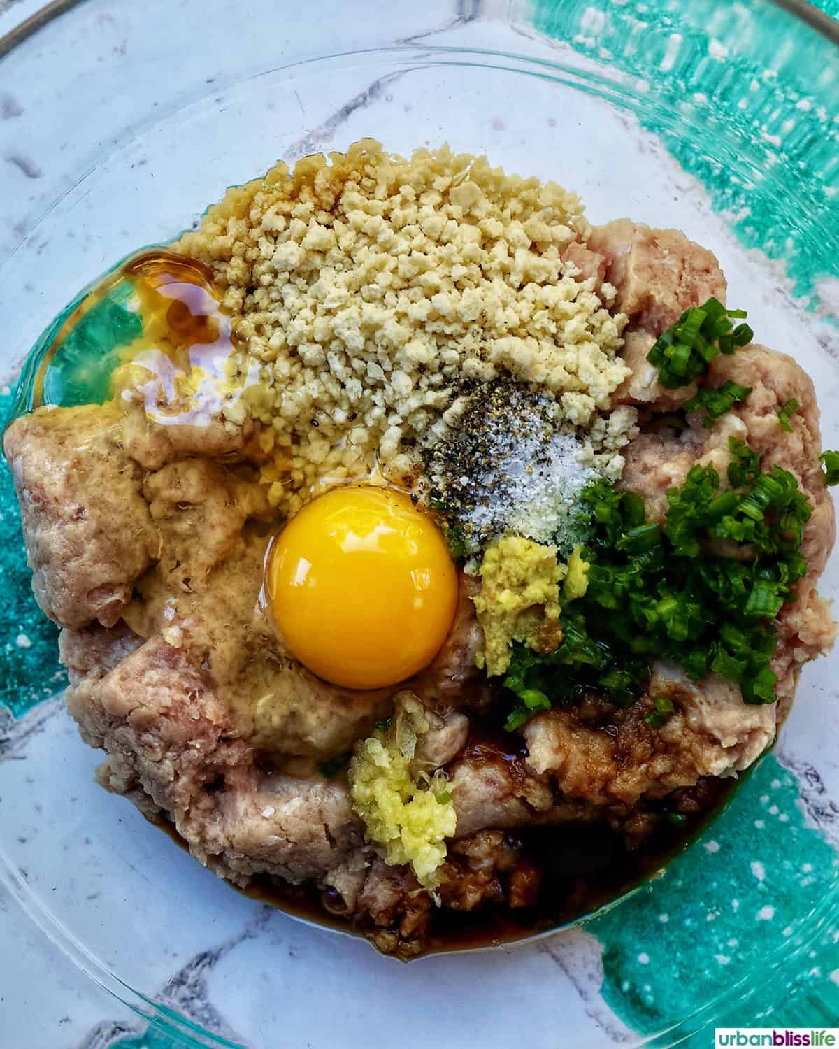 bowl of ingredients to make turkey teriyaki meatballs.